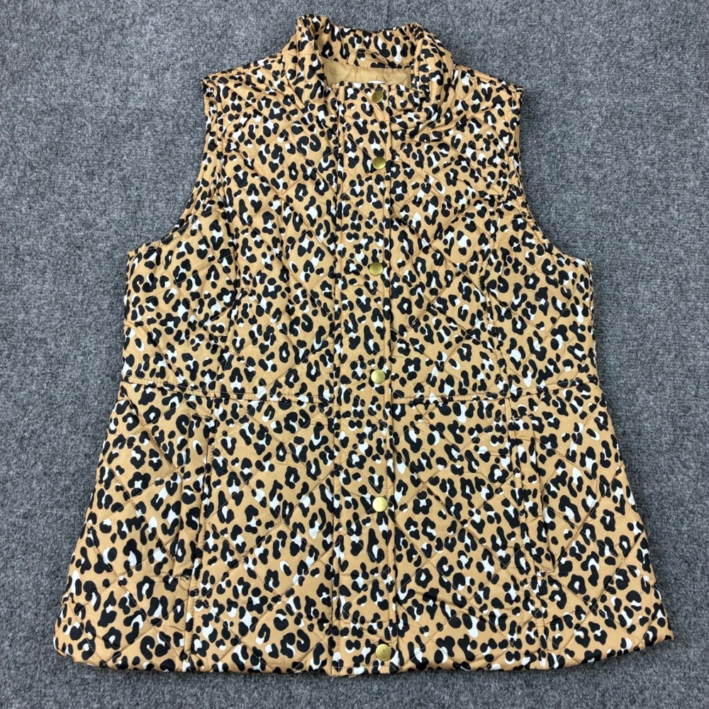 Kim Rogers Womens Size Medium Leopard Print Quilted Vest Mock Neck Snap Front